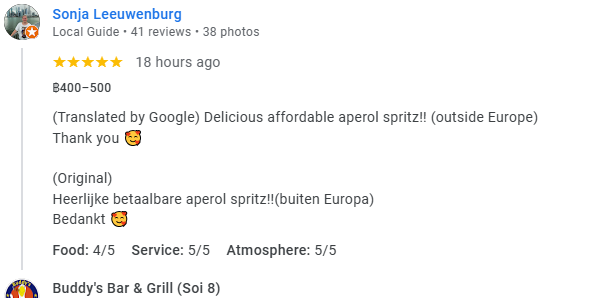 Another 5-Star review of Buddy’s Bar & Grill Soi 8 Bangkok March 2025