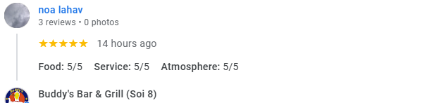 Another 5-Star review of Buddy’s Bar & Grill Soi 8 Bangkok March 2025