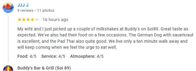 4-Star review of Buddy’s Bar & Grill Bangkok Soi 89 March 2024