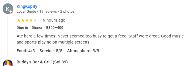 4-Star review of Buddy’s Bar & Grill Bangkok Soi 89 March 2024