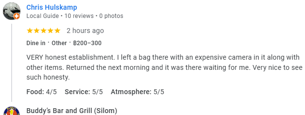 Another 5-Star review of Buddy’s Bar & Grill Silom Bangkok March 2025