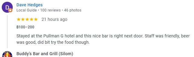 Another 5-Star review of Buddy’s Bar & Grill Soi 89 Bangkok April 2025