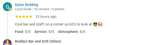 Another 5-Star review of Buddy’s Bar & Grill Silom Bangkok April 2025