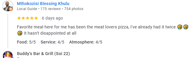 Another 5-Star review of Buddy’s Bar & Grill Soi 22 Bangkok March 2025