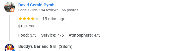 Another 4-Star review of Buddy’s Bar & Grill Silom Bangkok May 2025