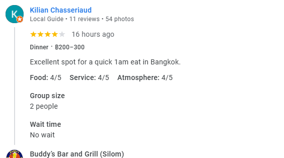 Another 4-Star review of Buddy’s Bar & Grill Silom Bangkok May 2025