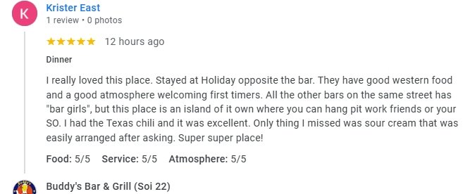 Another 5-Star review of Buddy’s Bar & Grill Soi 22 Bangkok May 2025