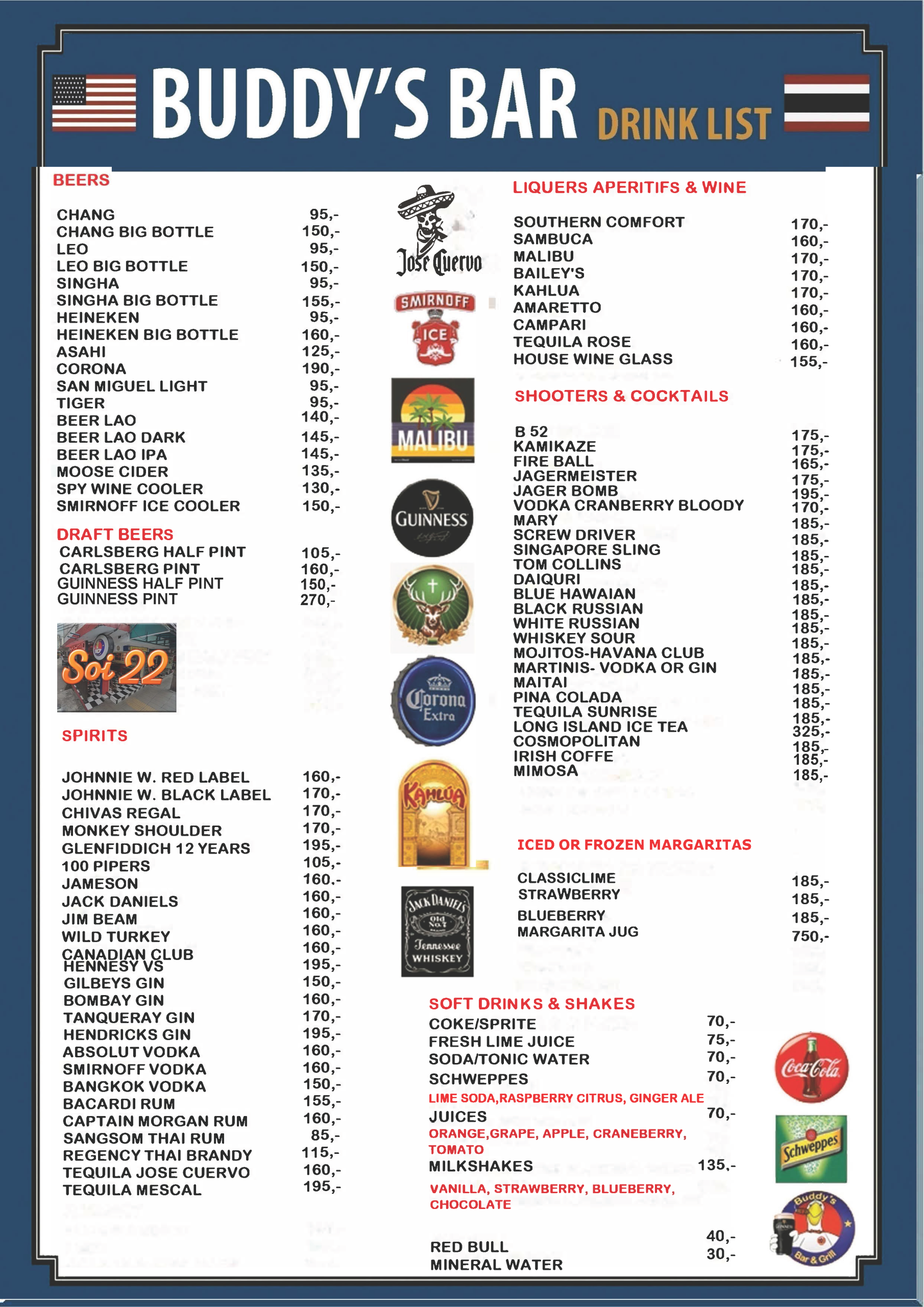 Buddy's Bar & Grill Bangkok Drinks Menu - Soi 22