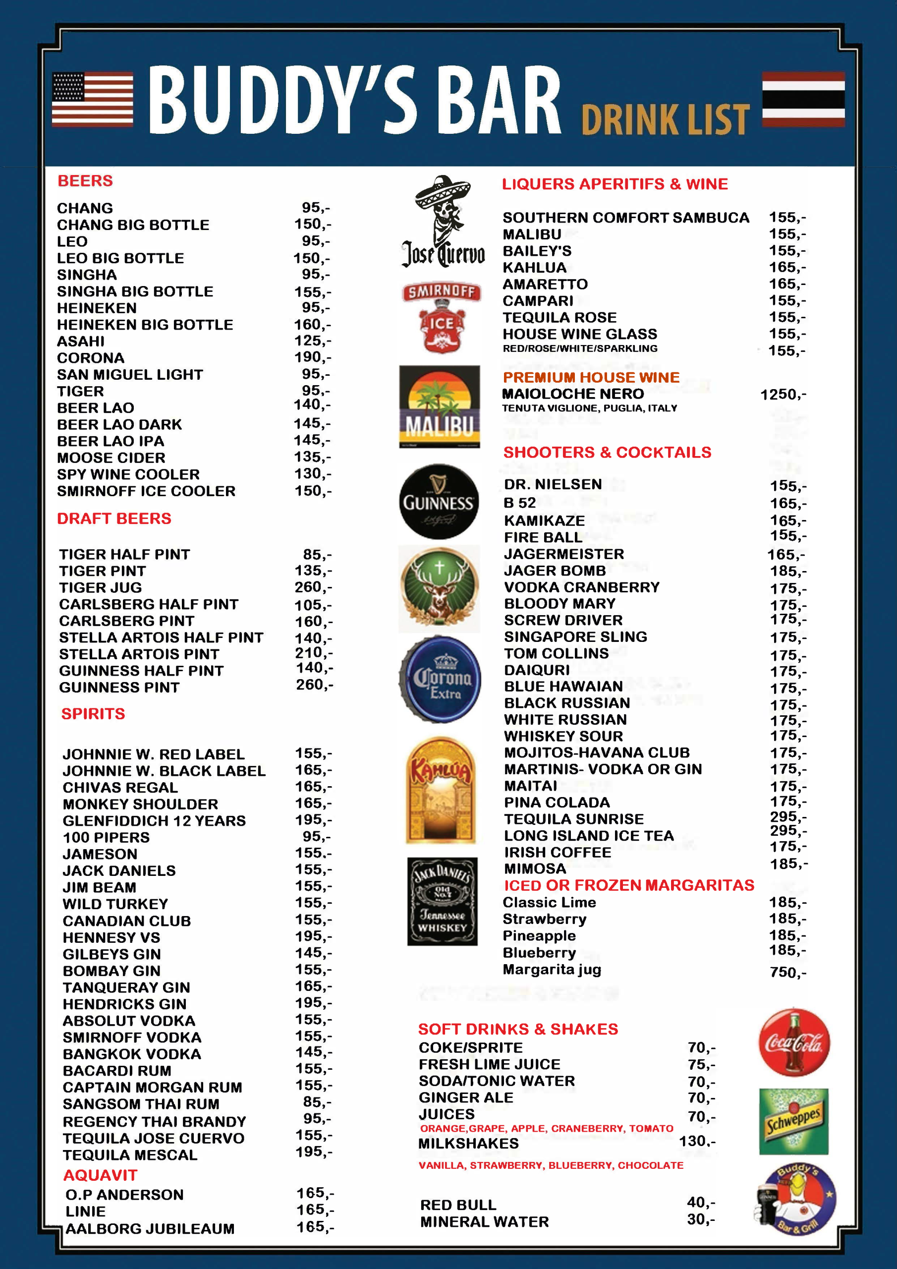 Buddy's Bar & Grill Bangkok Drinks Menu - Soi 8