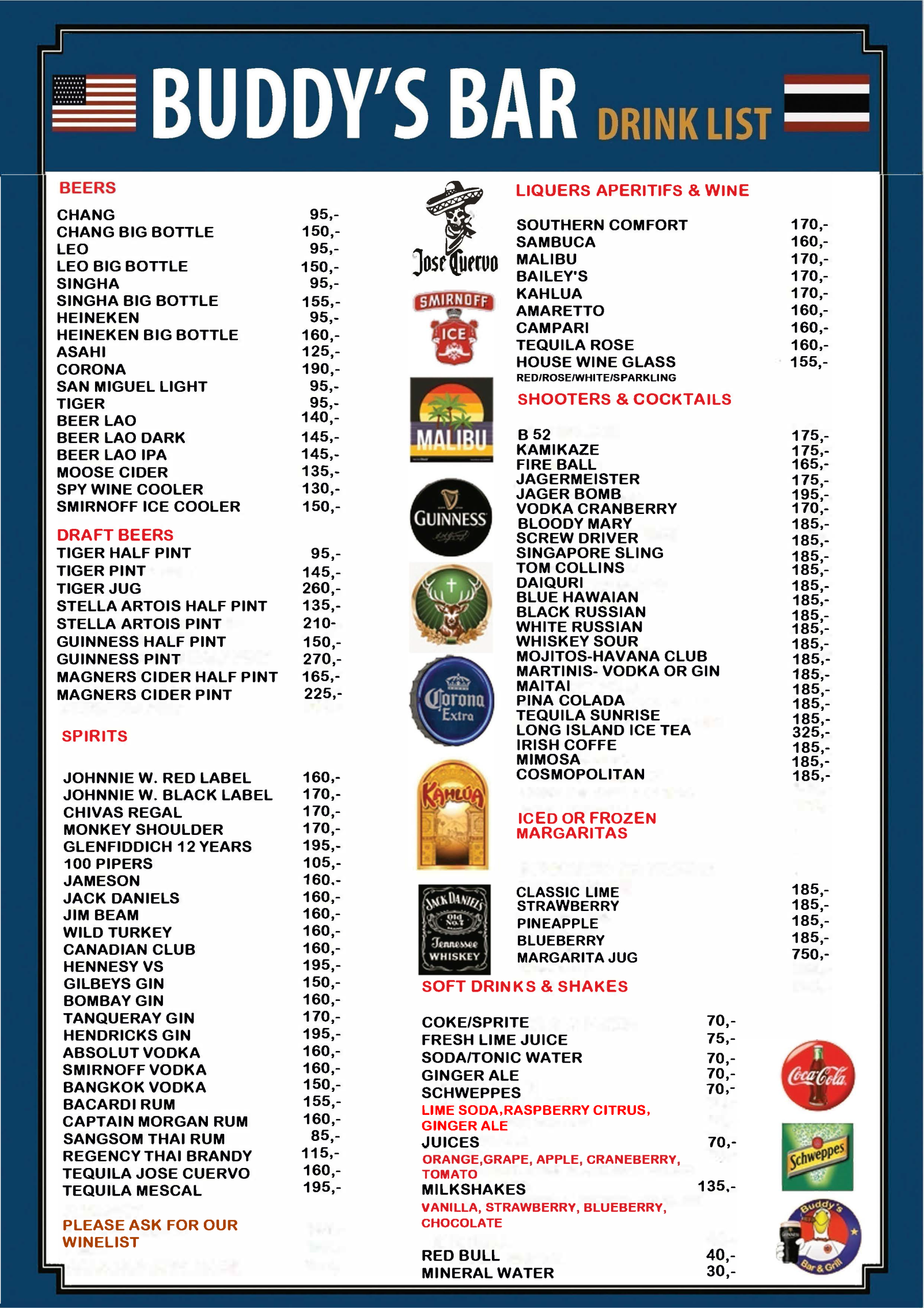 Buddy's Bar & Grill Bangkok Drinks Menu - Silom