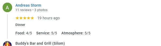 Another 5-Star review of Buddy’s Bar & Grill Silom Bangkok June 2025