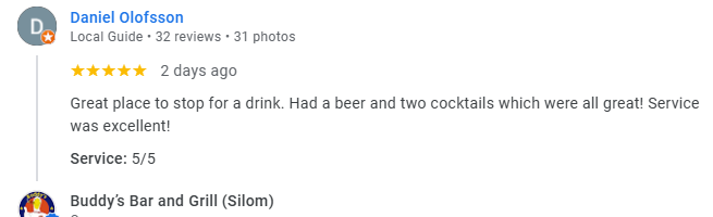 Another 4-Star review of Buddy’s Bar & Grill Silom Bangkok July 2025