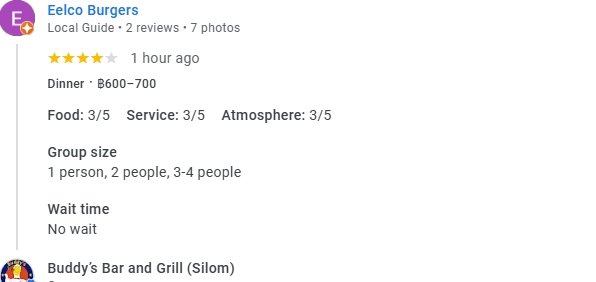 Another 4-Star review of Buddy’s Bar & Grill Silom Bangkok July 2025