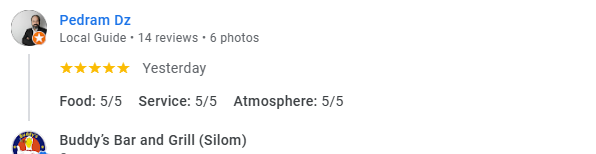 Another 5-Star review of Buddy’s Bar & Grill Silom Bangkok July 2025