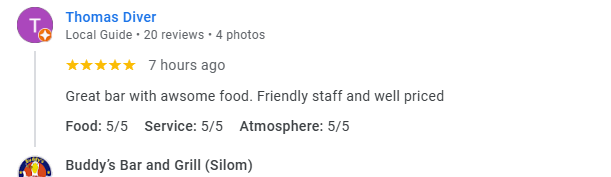 Another 5-Star review of Buddy’s Bar & Grill Silom Bangkok July 2025