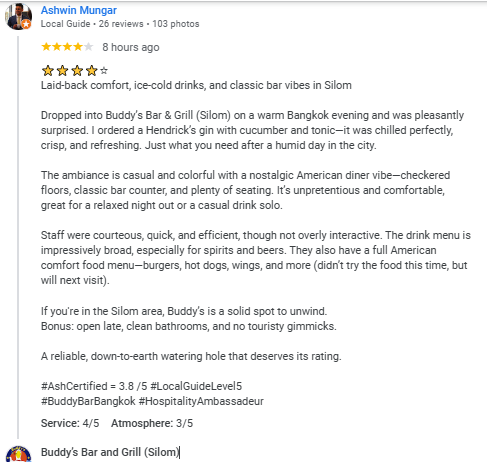 Another 4-Star review of Buddy’s Bar & Grill Silom Bangkok August 2025