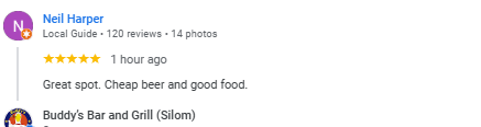 Another 5-Star review of Buddy’s Bar & Grill Silom Bangkok July 2025