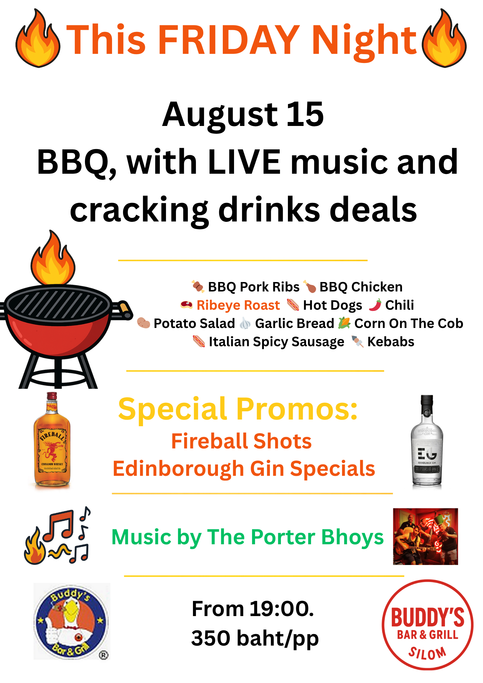 Silom Party 150825 πΆπ₯ **This Friday Night at Buddyβs Silom!** π₯πΆ π
**August 15** β Kick off your weekend with **Live Music by The Porter Bhoys** π€, mouthwatering **BBQ** π, and cracking drink deals πΉ