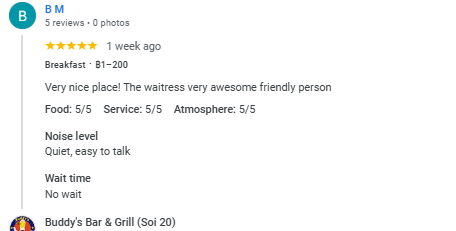 Another 5-Star review of Buddy’s Bar & Grill Soi 20 Bangkok August 2025
