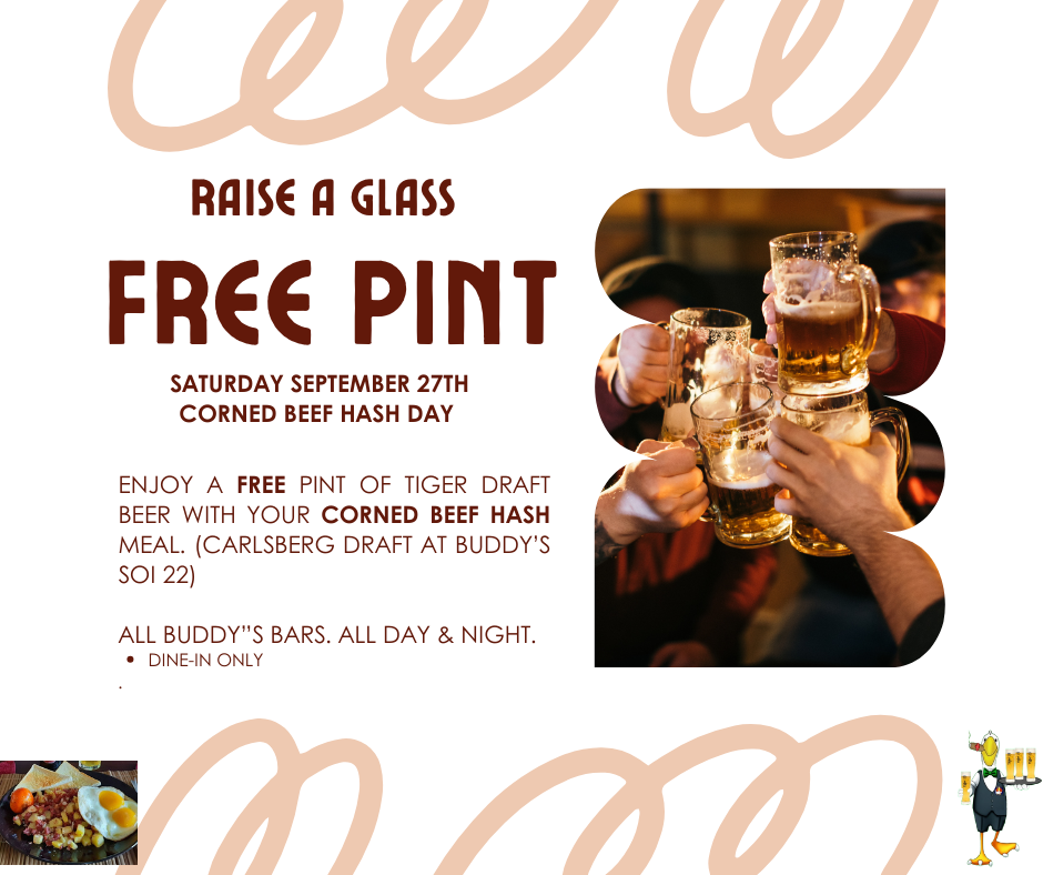 🥔🍳 **Corned Beef Hash Day Coming Soon!** 🍳🥔 This **Saturday, 27th September** – come hungry, leave happy! Order our **delicious Corned Beef Hash meal** and get a **FREE pint of Tiger Draft** 🍺 with it.