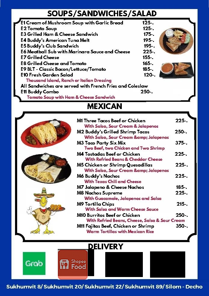 Buddy's Bar & Grill Bangkok. Mexican, soups, sandwiches