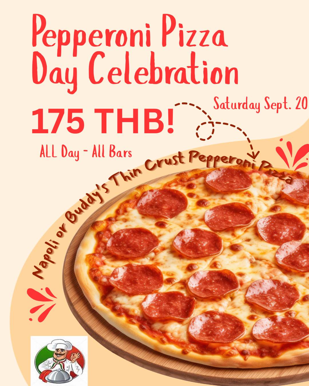 🍕🔥 Pepperoni Pizza Day is here! 🔥🍕 On Sept 20th, grab a slice (or the whole pie 😉) – Napoli or Buddy’s Thin Crust Pepperoni Pizza for just 175 THB 🤩. 👉 Available all day, at ALL Buddy’s Bars!