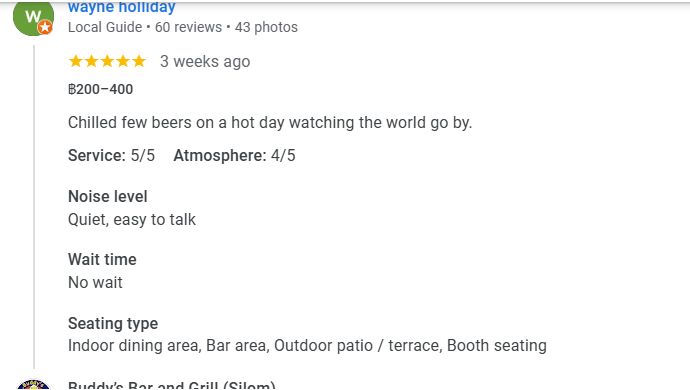 Another 5-Star review of Buddy’s Bar & Grill Silom Bangkok August 2025