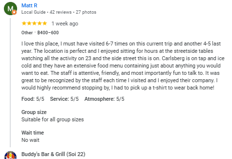 Another 5-Star review of Buddy’s Bar & Grill Silom Bangkok September 2025