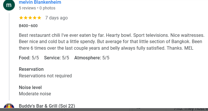 Another 5-Star review of Buddy’s Bar & Grill Silom Bangkok August 2025