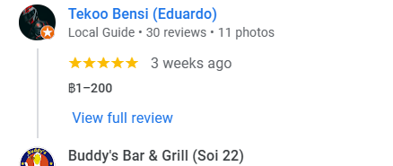 Another 5-Star review of Buddy’s Bar & Grill Silom Bangkok September 2025
