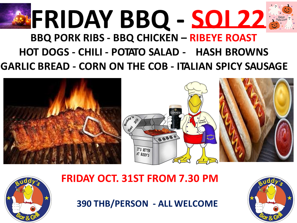 🎃🔥 **HALLOWEEN BBQ NIGHT at Buddy’s Soi 22** 🔥🎃 **Friday, October 31st | From 7.30pm | 390 THB/person**