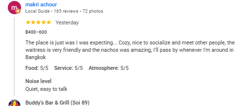 4-Star review of Buddy’s Bar & Grill Bangkok Soi 89 March 2024