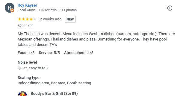 4-Star review of Buddy’s Bar & Grill Bangkok Soi 89 March 2024
