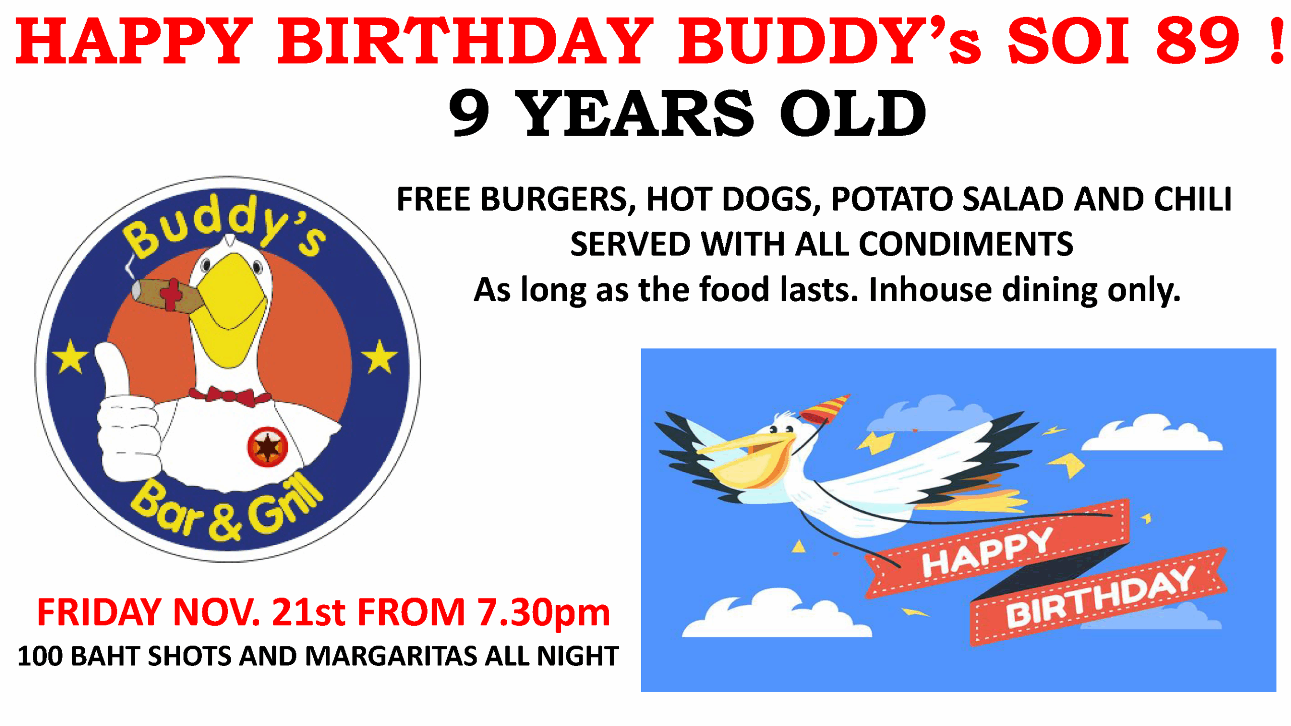 🎉 **Buddy’s Soi 89 — 9th Year Anniversary Party!** 🎉 Join us **Friday, 21st November from 19:30** for a night to remember! 🍻
