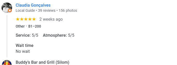 Another 5-star review of Buddy’s Bar & Grill Silom Bangkok November 2025