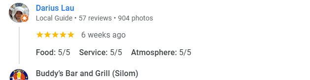 Another 5-star review of Buddy’s Bar & Grill Silom Bangkok November 2025