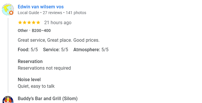 Another 5-star review of Buddy’s Bar & Grill Silom Bangkok November 2025