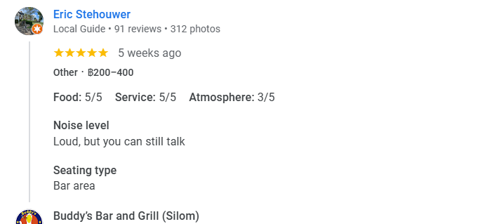 Another 5-star review of Buddy’s Bar & Grill Silom Bangkok November 2025