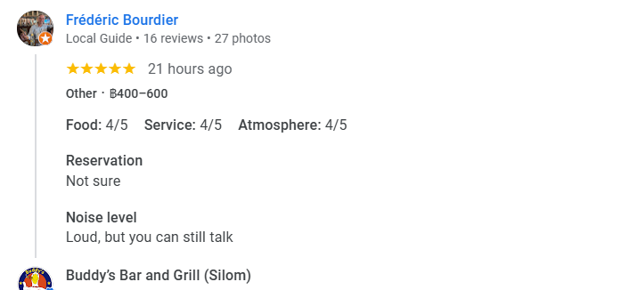 Another 5-star review of Buddy’s Bar & Grill Silom Bangkok November 2025