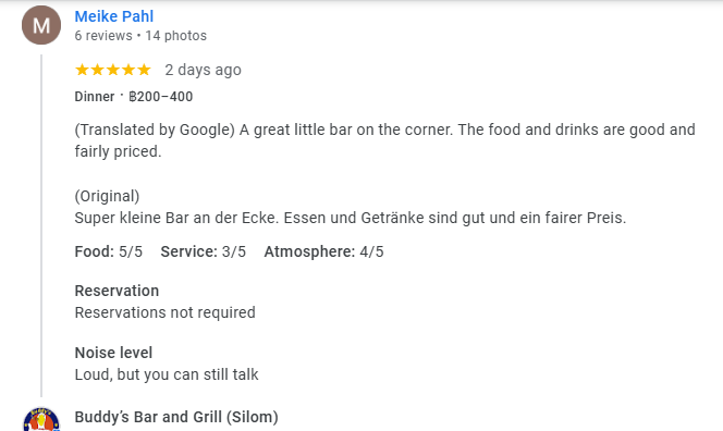 Another 5-star review of Buddy’s Bar & Grill Silom Bangkok November 2025