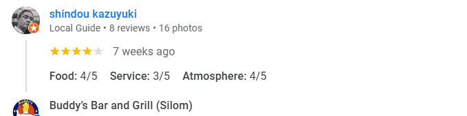 Another 4-star review of Buddy’s Bar & Grill Silom Bangkok November 2025