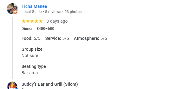Another 5-star review of Buddy’s Bar & Grill Silom Bangkok November 2025