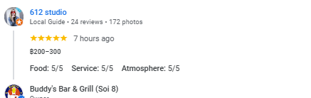 Another 5-star review from a customer at Buddy's Bar & Grill Bangkok Soi 8, August 2025