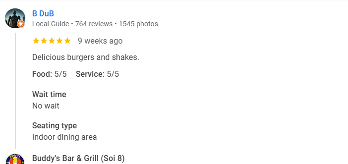 Another 5-star review from a customer at Buddy's Bar & Grill Bangkok Soi 8, October 2025