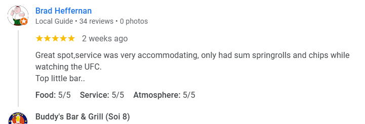 Another 5-star review from a customer at Buddy's Bar & Grill Bangkok Soi 8, November 2025