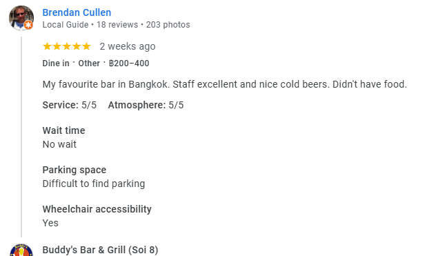 Another 5-star review from a customer at Buddy's Bar & Grill Bangkok Soi 8, November 2025