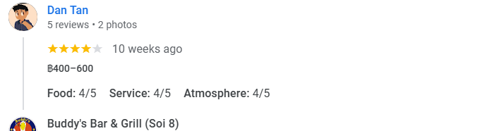 Another 4-star review from a customer at Buddy's Bar & Grill Bangkok Soi 8, October 2025