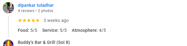 Another 5-star review from a customer at Buddy's Bar & Grill Bangkok Soi 8, November 2025