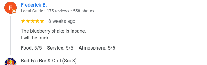 A 5-star review from a customer at Buddy's Bar & Grill Bangkok Soi 8, October 2025