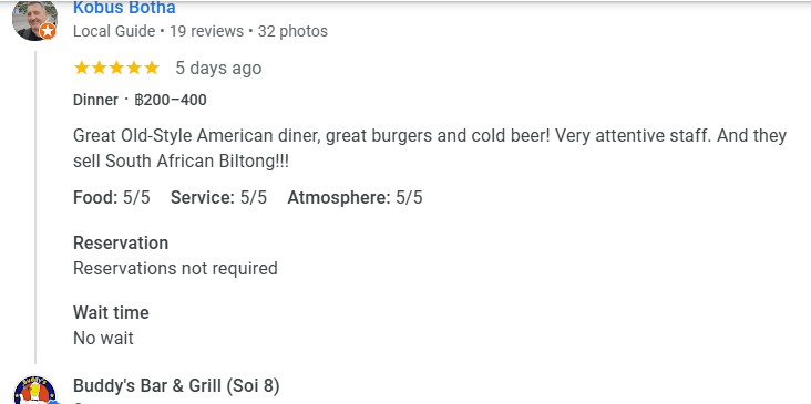 A 5-star review from a customer at Buddy's Bar & Grill Bangkok Soi 8, September 2025